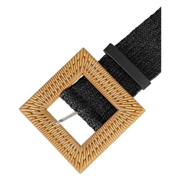 Square Wooden Buckle Straw Rattan Elastic Belt Womens One Size Brown/Black - Picture 2 of 13